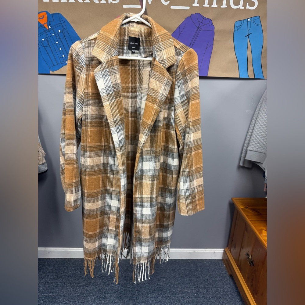 Love Tree Plaid Tan and White Trench Coat